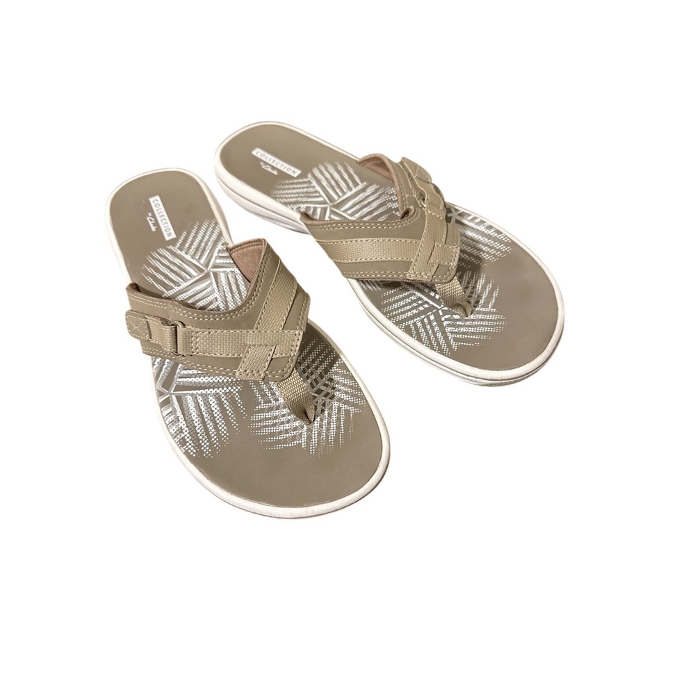 Clarks Collection Breeze Sea Taupe Tan Adjustable Flip Flop Sandals Womens 9‎